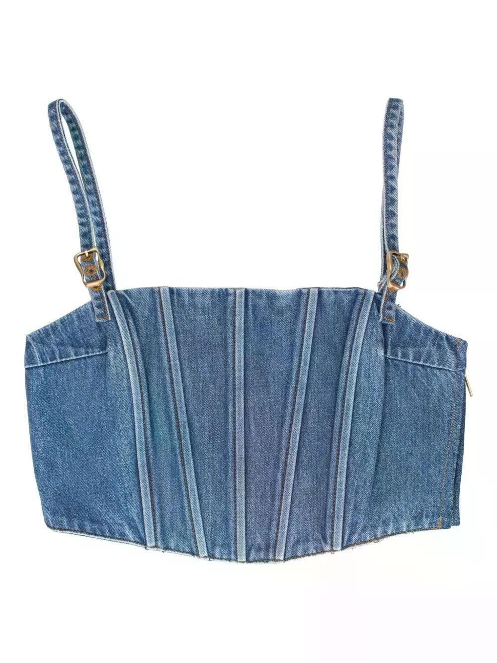 cult gaia Blue Denim Corset Crop Top with Adjustable Straps